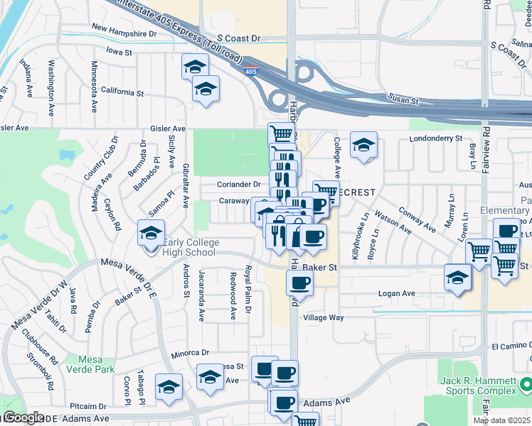 map of restaurants, bars, coffee shops, grocery stores, and more near 3102 Mace Avenue in Costa Mesa