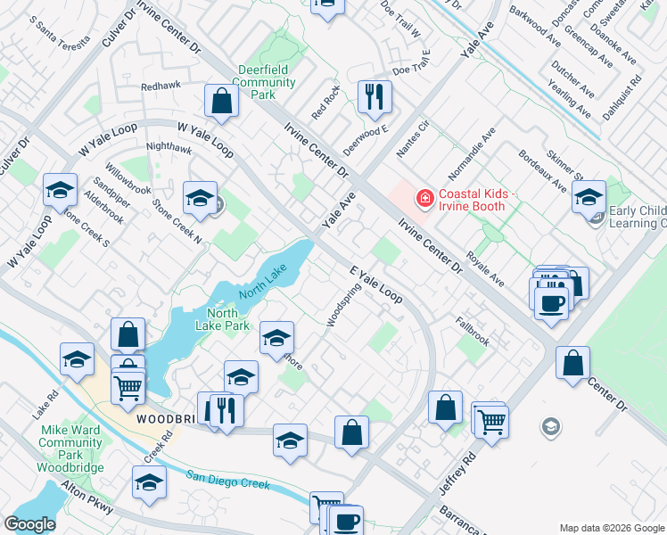 map of restaurants, bars, coffee shops, grocery stores, and more near 16 East Yale Loop in Irvine