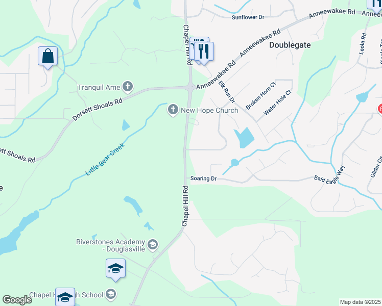 map of restaurants, bars, coffee shops, grocery stores, and more near 4299 High Country Drive in Douglasville