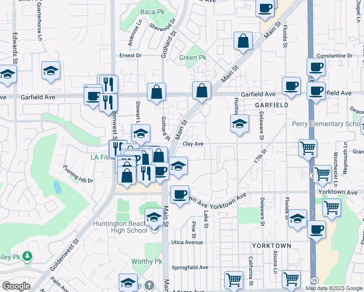 map of restaurants, bars, coffee shops, grocery stores, and more near 7302 Yellowtail Drive in Huntington Beach
