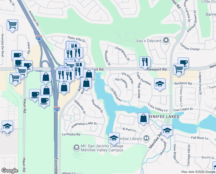map of restaurants, bars, coffee shops, grocery stores, and more near 28450 Corte Portofino in Menifee