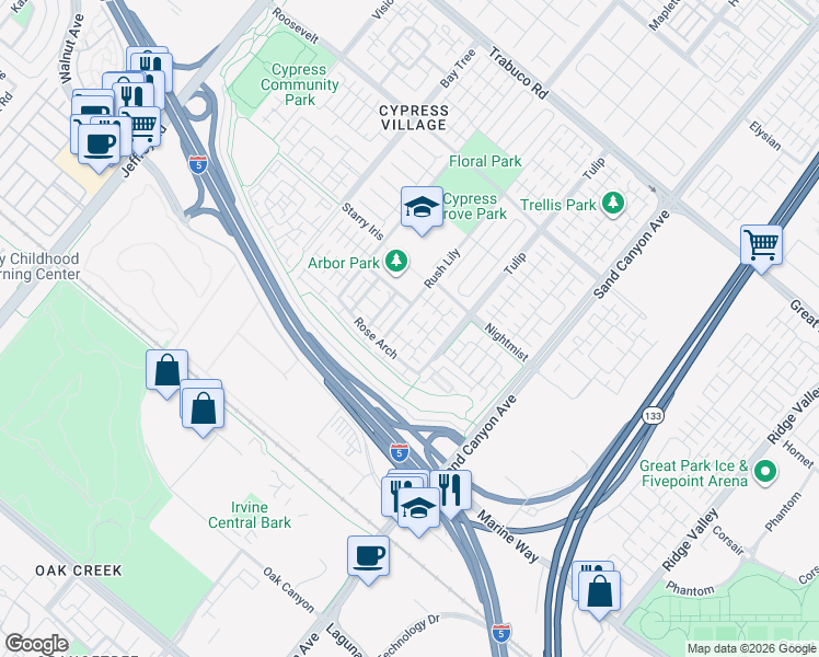 map of restaurants, bars, coffee shops, grocery stores, and more near 58 Ivory Petal in Irvine