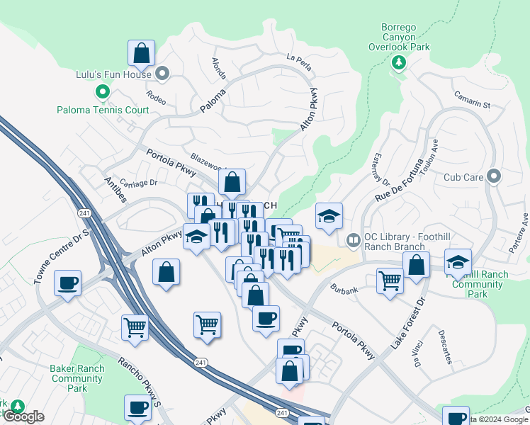 map of restaurants, bars, coffee shops, grocery stores, and more near 44 Blanco in Lake Forest