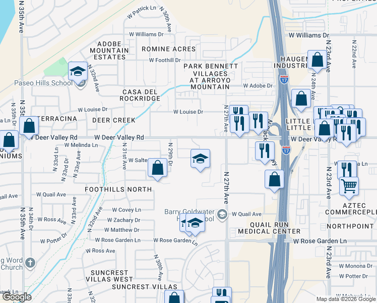 map of restaurants, bars, coffee shops, grocery stores, and more near 2811 West Deer Valley Road in Phoenix
