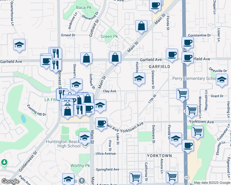 map of restaurants, bars, coffee shops, grocery stores, and more near 7402 Yellowtail Drive in Huntington Beach