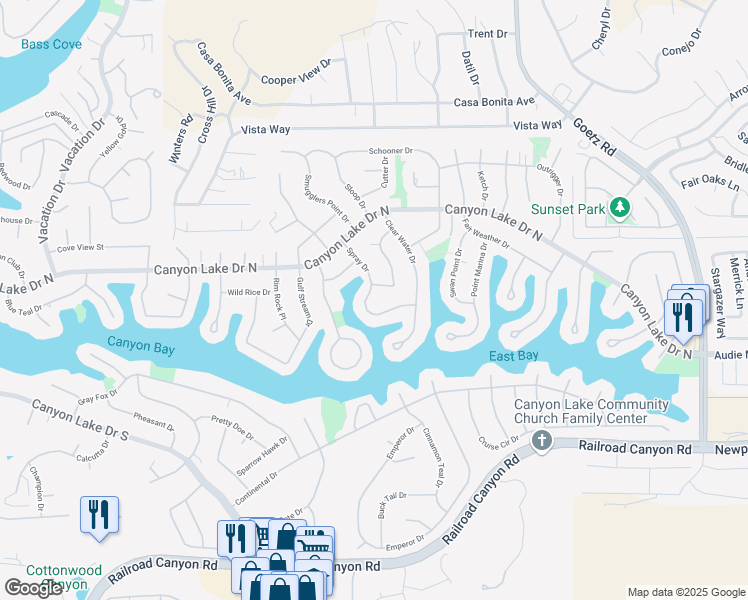 map of restaurants, bars, coffee shops, grocery stores, and more near 30172 Spray Drive in Canyon Lake