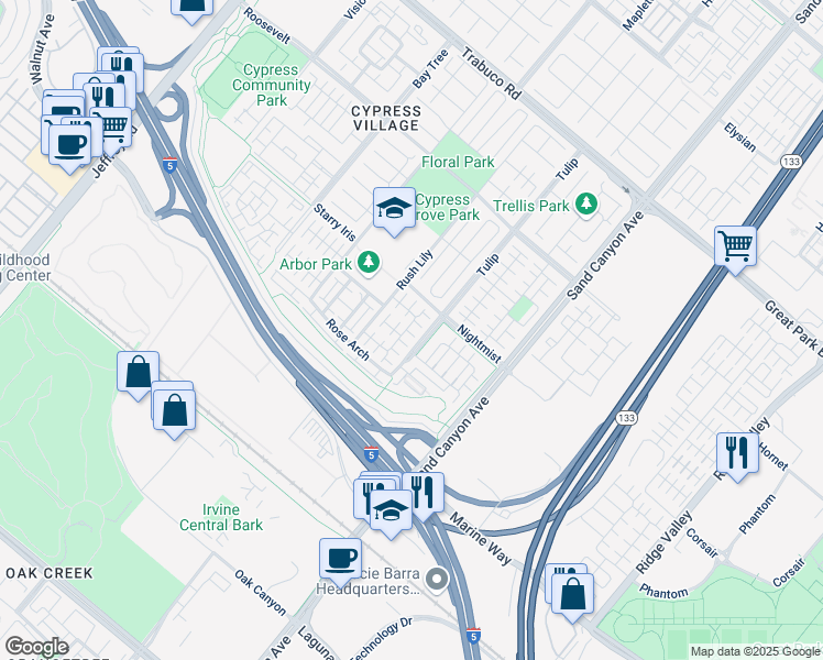 map of restaurants, bars, coffee shops, grocery stores, and more near 84 Plum Feather in Irvine