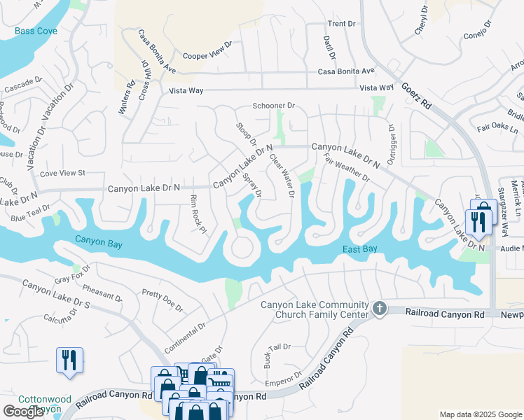 map of restaurants, bars, coffee shops, grocery stores, and more near 30172 Spray Drive in Canyon Lake