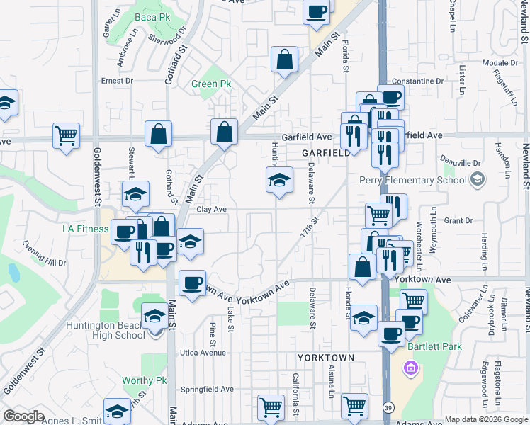 map of restaurants, bars, coffee shops, grocery stores, and more near 7562 Seaspring Drive in Huntington Beach