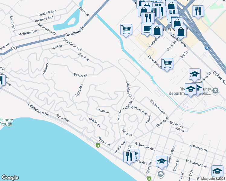 map of restaurants, bars, coffee shops, grocery stores, and more near McBurney Avenue in Lake Elsinore