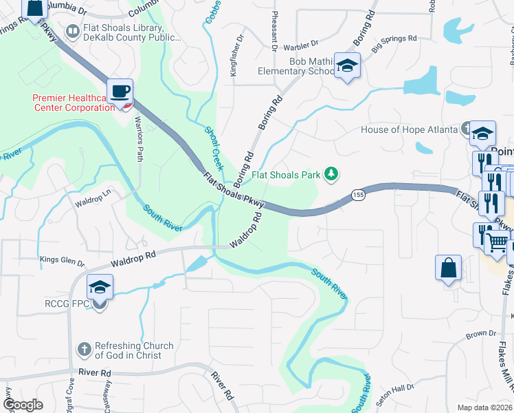 map of restaurants, bars, coffee shops, grocery stores, and more near 4415 Flat Shoals Parkway in Decatur