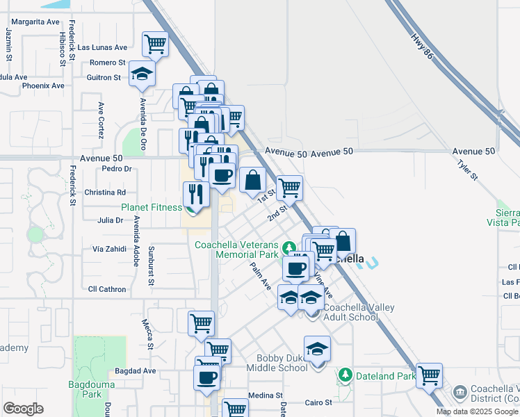 map of restaurants, bars, coffee shops, grocery stores, and more near 437 Vine Avenue in Coachella