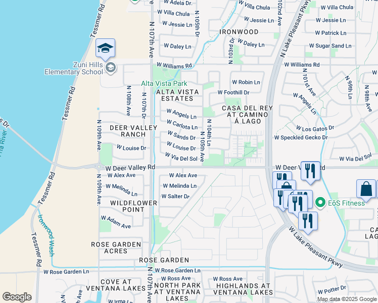 map of restaurants, bars, coffee shops, grocery stores, and more near 10542 West Via Del Sol in Peoria
