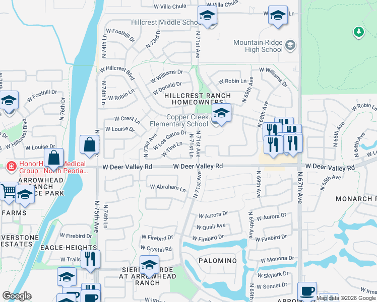 map of restaurants, bars, coffee shops, grocery stores, and more near 21907 North 71st Lane in Glendale