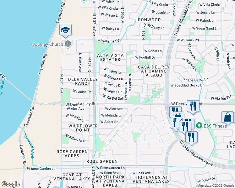 map of restaurants, bars, coffee shops, grocery stores, and more near 10533 West Louise Drive in Peoria