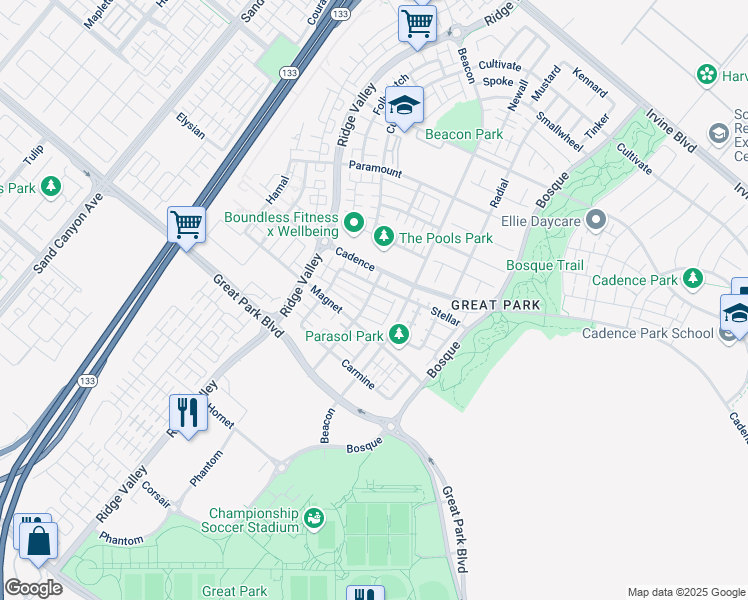 map of restaurants, bars, coffee shops, grocery stores, and more near 104 Terrapin in Irvine