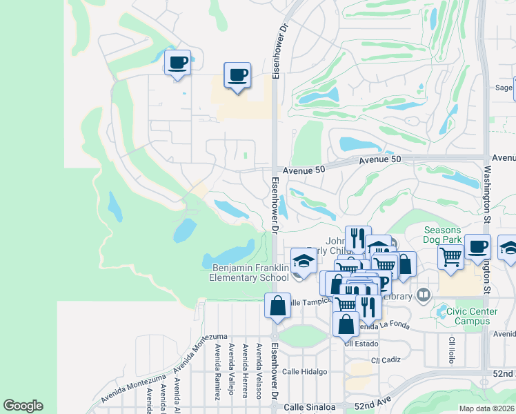map of restaurants, bars, coffee shops, grocery stores, and more near 50181 Calle Maria in La Quinta
