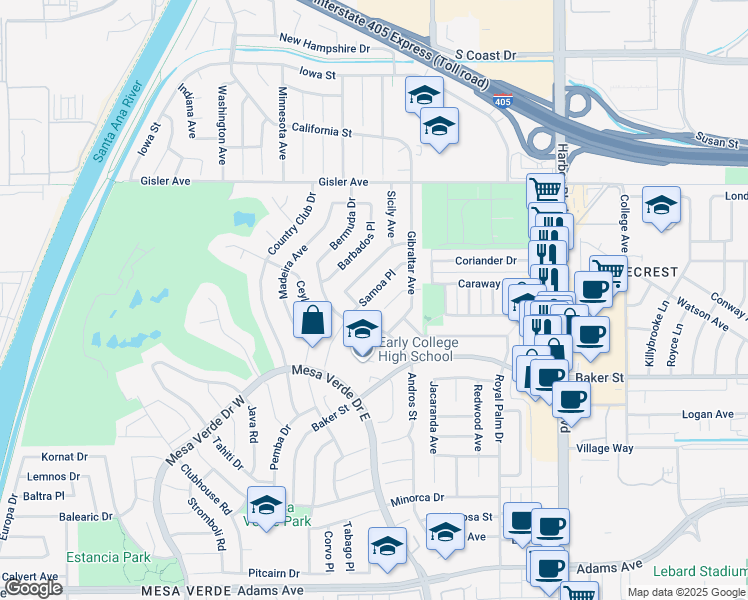 map of restaurants, bars, coffee shops, grocery stores, and more near 3104 Samoa Place in Costa Mesa