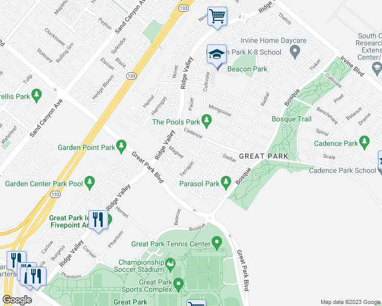 map of restaurants, bars, coffee shops, grocery stores, and more near 153 Terrapin in Irvine