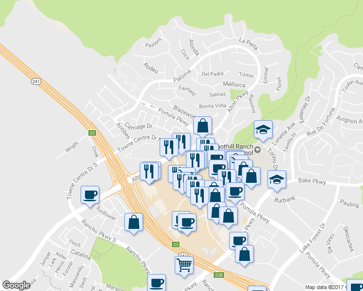 map of restaurants, bars, coffee shops, grocery stores, and more near 94 Carriage Drive in Lake Forest