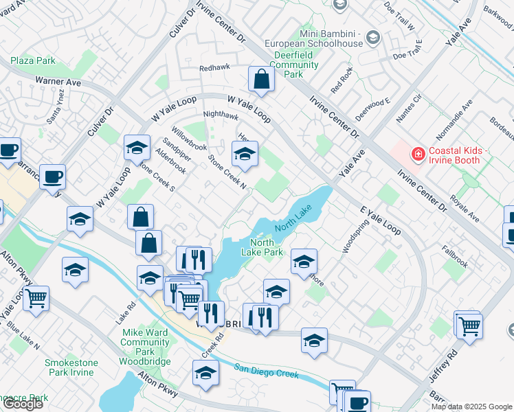 map of restaurants, bars, coffee shops, grocery stores, and more near 42 Lakeview in Irvine