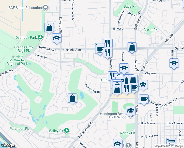 map of restaurants, bars, coffee shops, grocery stores, and more near 6781 Lawn Haven Drive in Huntington Beach