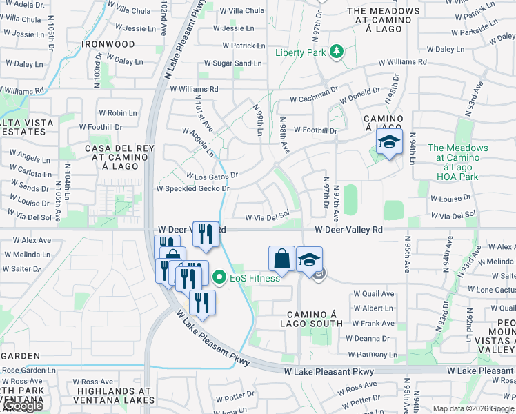 map of restaurants, bars, coffee shops, grocery stores, and more near 9907 West Louise Drive in Peoria
