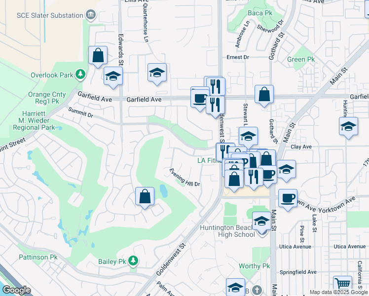 map of restaurants, bars, coffee shops, grocery stores, and more near 6781 Lawn Haven Drive in Huntington Beach