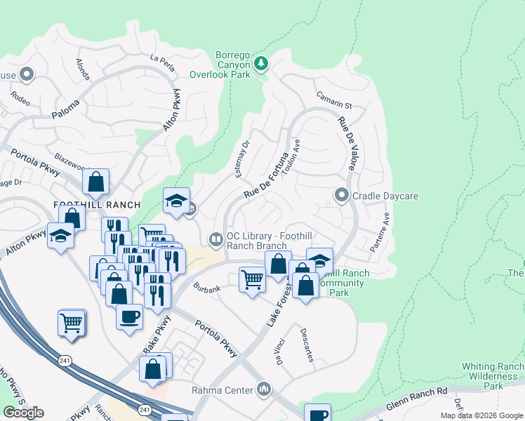 map of restaurants, bars, coffee shops, grocery stores, and more near 16 Tambour Place in Lake Forest