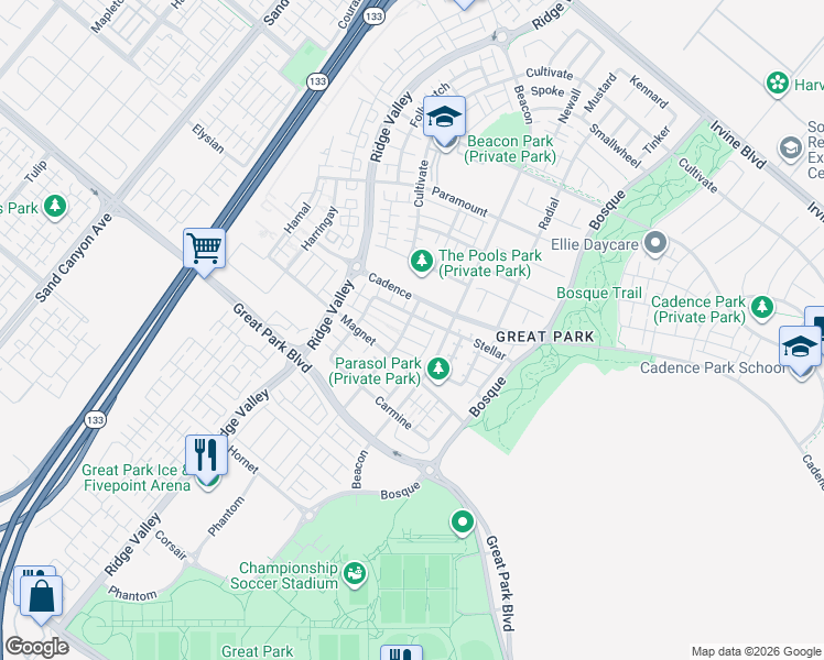 map of restaurants, bars, coffee shops, grocery stores, and more near 104 Terrapin in Irvine