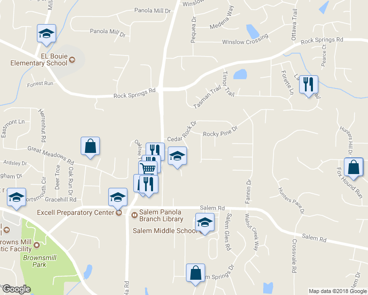 map of restaurants, bars, coffee shops, grocery stores, and more near 3413 Cedar Rock Lane in Lithonia