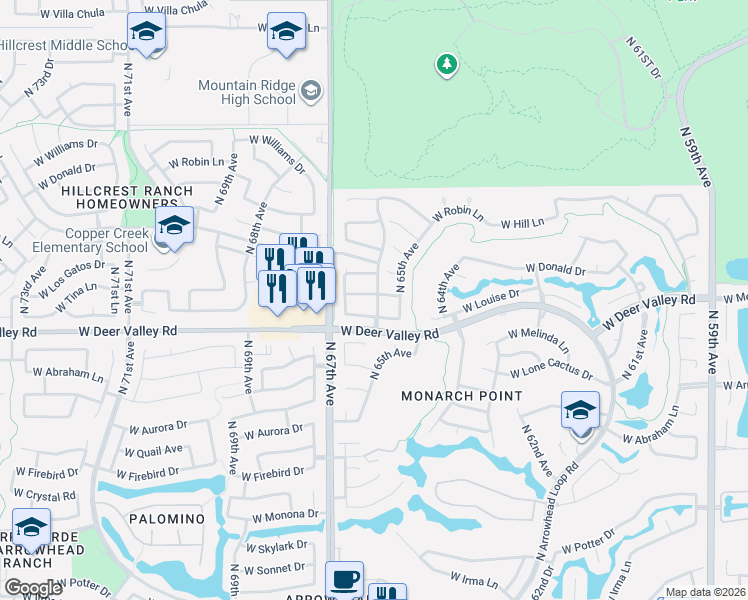map of restaurants, bars, coffee shops, grocery stores, and more near 6618 West Via Del Sol Drive in Glendale