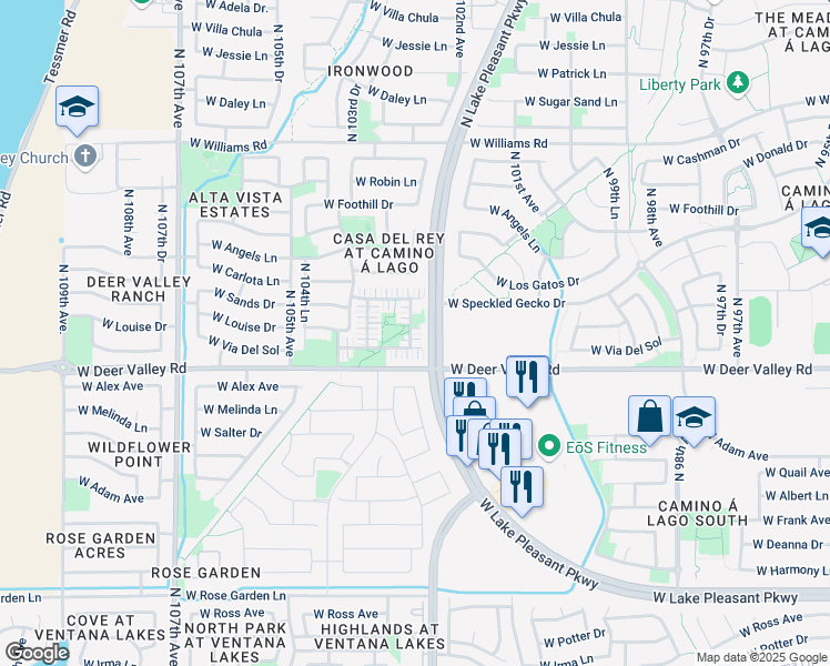 map of restaurants, bars, coffee shops, grocery stores, and more near 21024 North 102nd Lane in Peoria