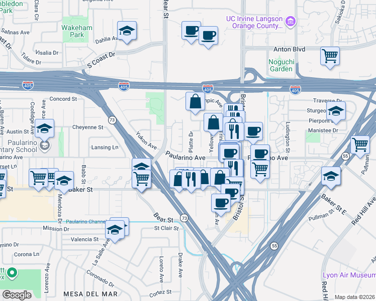 map of restaurants, bars, coffee shops, grocery stores, and more near 782 Paularino Avenue in Costa Mesa