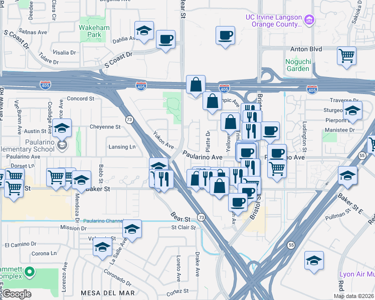 map of restaurants, bars, coffee shops, grocery stores, and more near 805 Spirit in Costa Mesa