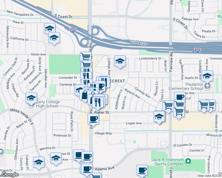 map of restaurants, bars, coffee shops, grocery stores, and more near 1399 Shannon Lane in Costa Mesa