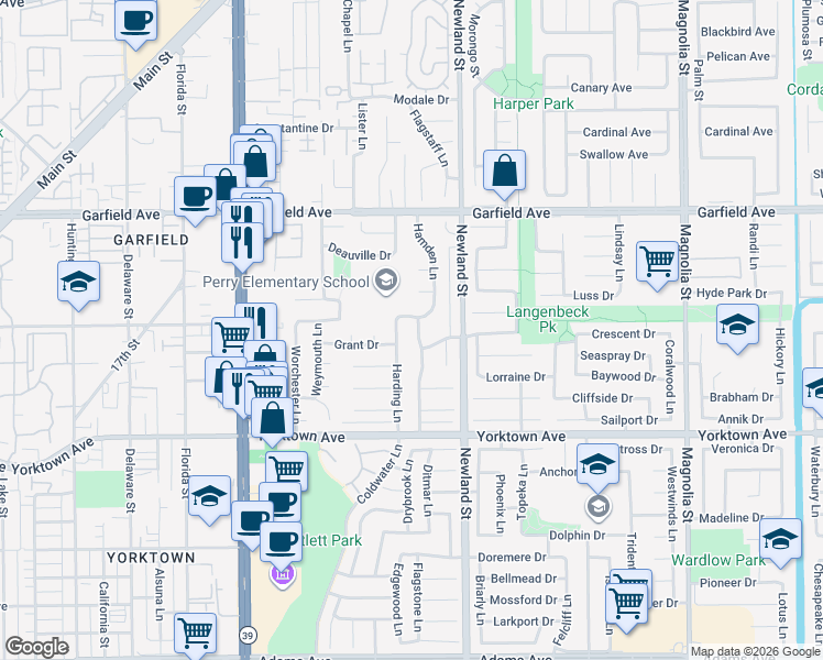 map of restaurants, bars, coffee shops, grocery stores, and more near 19282 Harding Lane in Huntington Beach