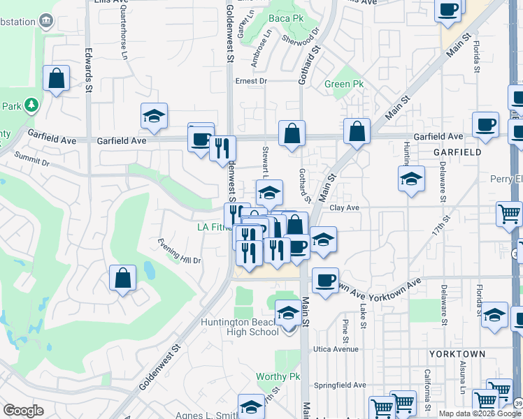 map of restaurants, bars, coffee shops, grocery stores, and more near 19265 Brookings Court in Huntington Beach