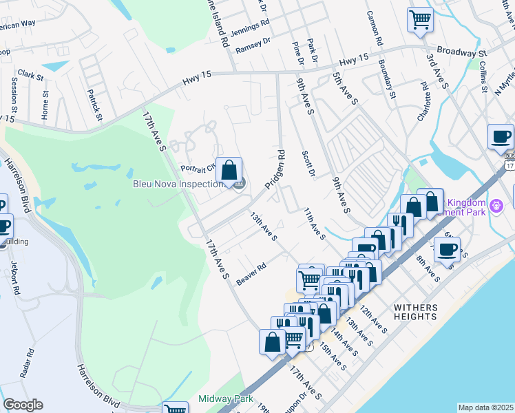 map of restaurants, bars, coffee shops, grocery stores, and more near 1301 Pridgen Road in Myrtle Beach