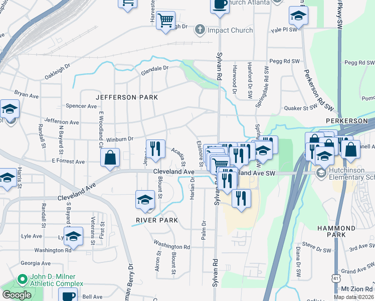 map of restaurants, bars, coffee shops, grocery stores, and more near 2666 Acadia Street in Atlanta