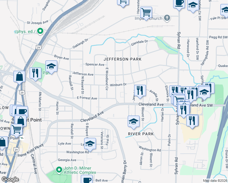 map of restaurants, bars, coffee shops, grocery stores, and more near 2665 Jefferson Terrace in East Point