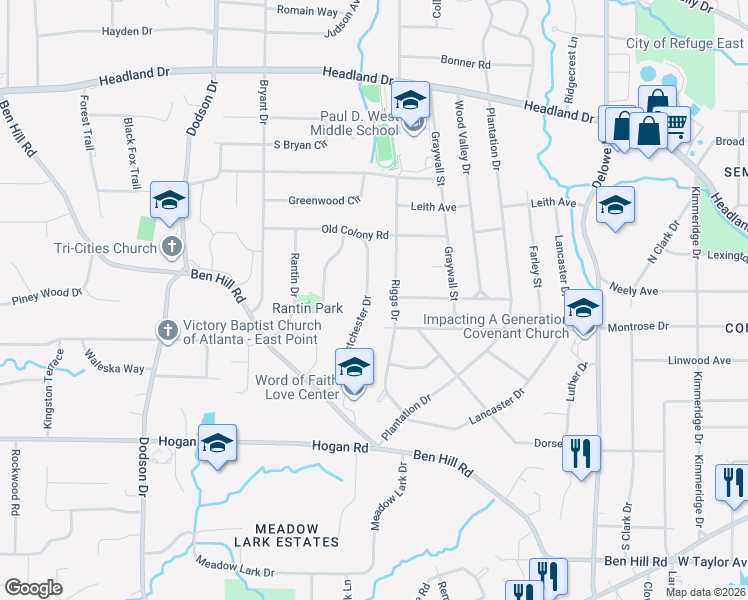 map of restaurants, bars, coffee shops, grocery stores, and more near 2681 Westchester Drive in Atlanta