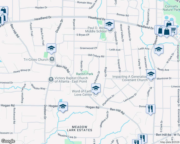 map of restaurants, bars, coffee shops, grocery stores, and more near 2670 Harmony Way in East Point