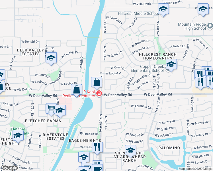 map of restaurants, bars, coffee shops, grocery stores, and more near 7450 West Via Del Sol Drive in Glendale