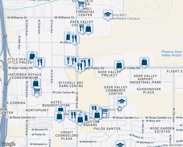 map of restaurants, bars, coffee shops, grocery stores, and more near 21650 North 18th Avenue in Phoenix