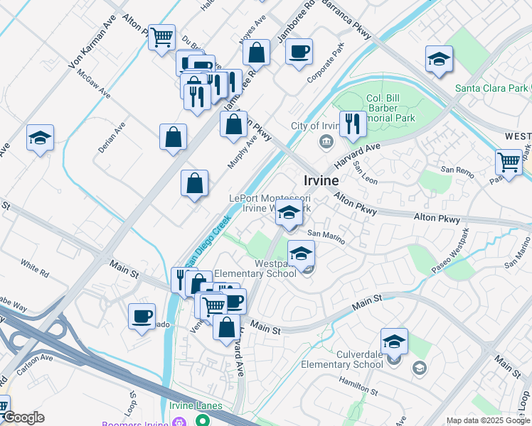 map of restaurants, bars, coffee shops, grocery stores, and more near 81 Costero Aisle in Irvine