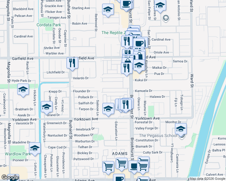 map of restaurants, bars, coffee shops, grocery stores, and more near 19251 Brookhurst Street in Huntington Beach