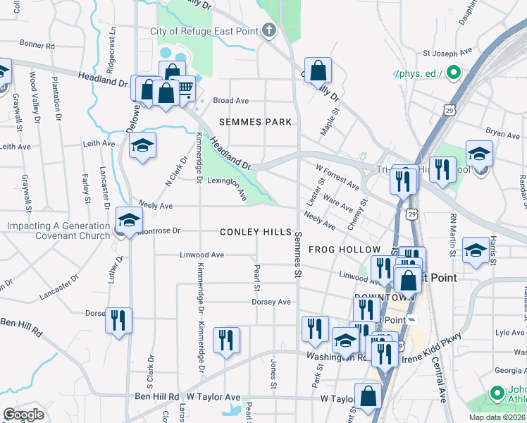 map of restaurants, bars, coffee shops, grocery stores, and more near 1866 Neely Avenue in East Point
