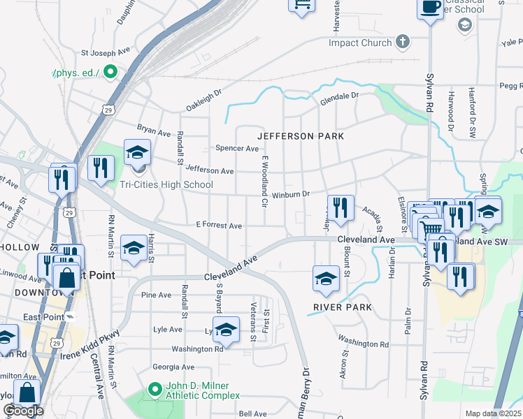 map of restaurants, bars, coffee shops, grocery stores, and more near 2645 East Woodland Circle in East Point