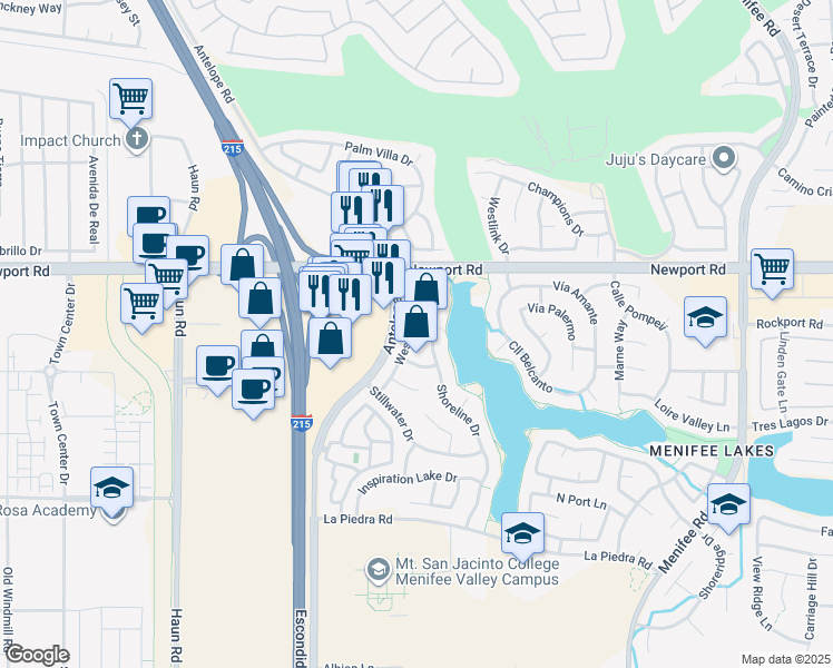 map of restaurants, bars, coffee shops, grocery stores, and more near 30146 Westlake Drive in Menifee